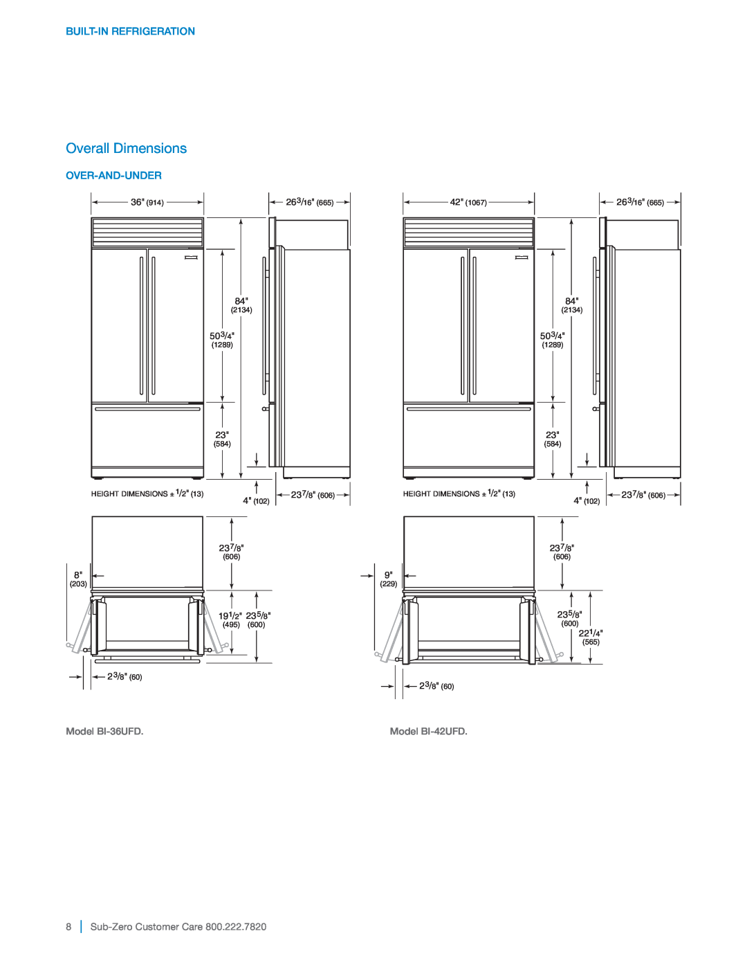 Sub-Zero BI-36UG manual Overall Dimensions, Built-In Refrigeration, Over-And-Under, 503/4, 23/8, 237/8, 191/2 235/8, 23 5/8 