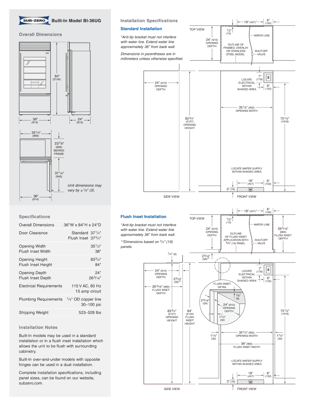 Sub-Zero BI-36UG/O manual Overall Dimensions Installation Specifications, Standard Installation, Flush Inset Installation 