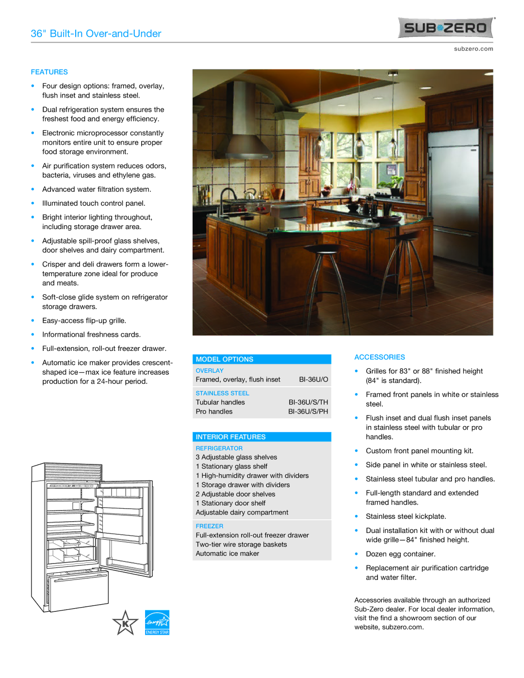 Sub-Zero BI-36U/S/TH, BI-36U/O, BI-36U/S/PH manual Model Options, Interior Features, Accessories 