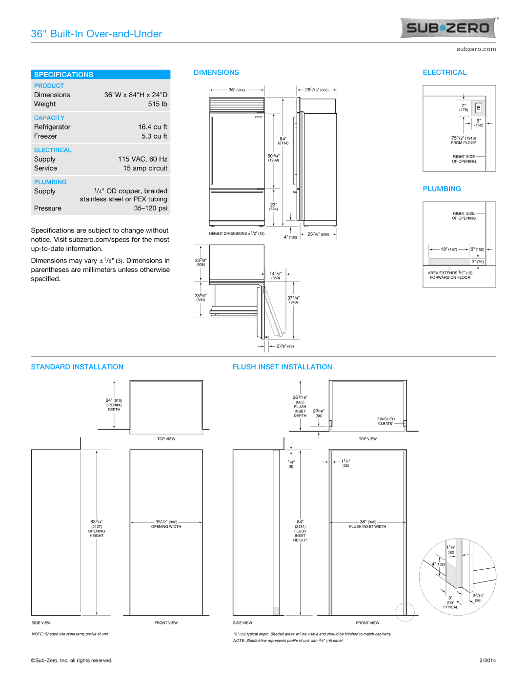 Sub-Zero BI-36U/S/PH, BI-36U/O, BI-36U/S/TH manual Specifications, Dimensions, Electrical, Plumbing, Standard Installation 