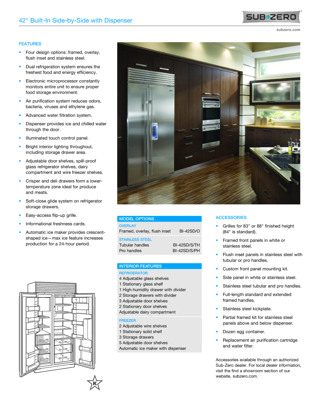 Sub-Zero BI-42SD/S/TH, BI-42SD/S/PH, BI-42SD/O manual Model Options, Interior Features, Accessories 
