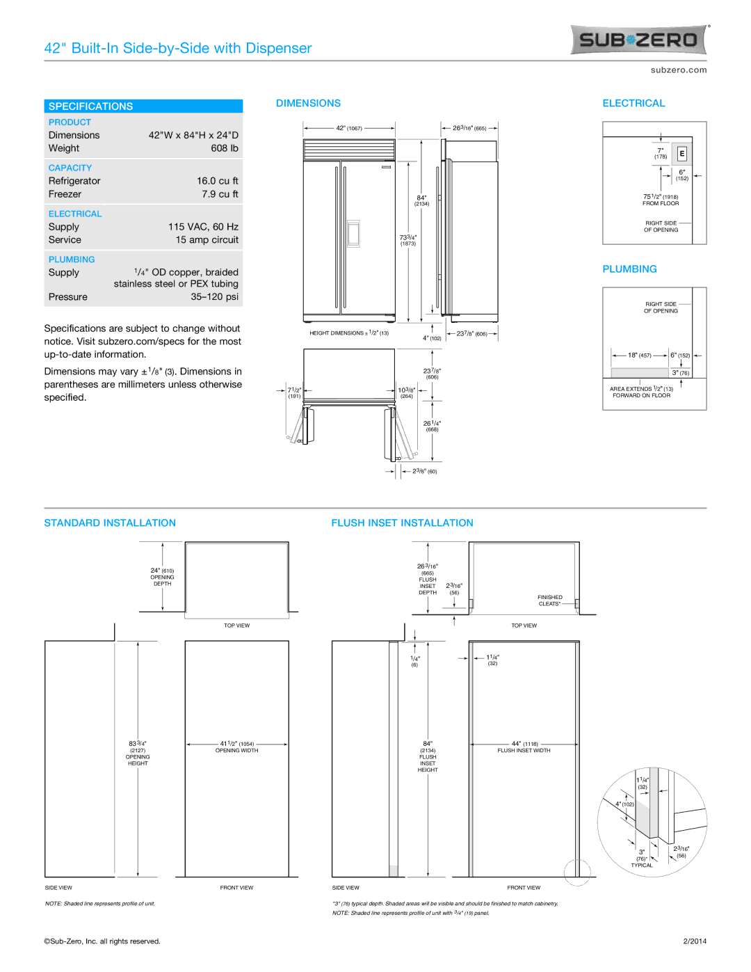 Sub-Zero BI-42SD/O, BI-42SD/S/PH, BI-42SD/S/TH manual Specifications, Dimensions, Electrical, Plumbing, Standard Installation 