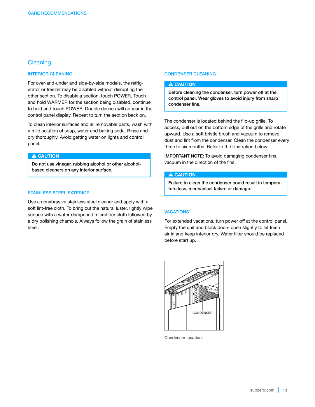 Sub-Zero BI-48SID, BI-42SID, BI-36UFD, BI-42SD, BI-30UG manual Cleaning 