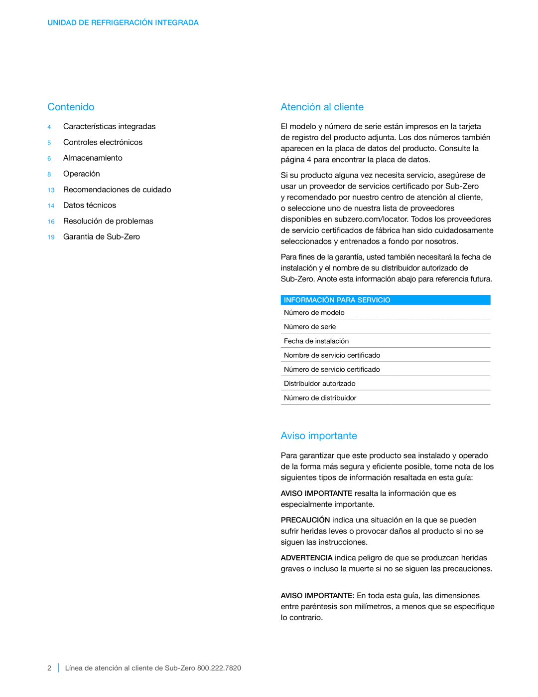 Sub-Zero BI-36UFD, BI-42SID, BI-48SID Contenido, Atención al cliente, Aviso importante, Unidad DE Refrigeración Integrada 