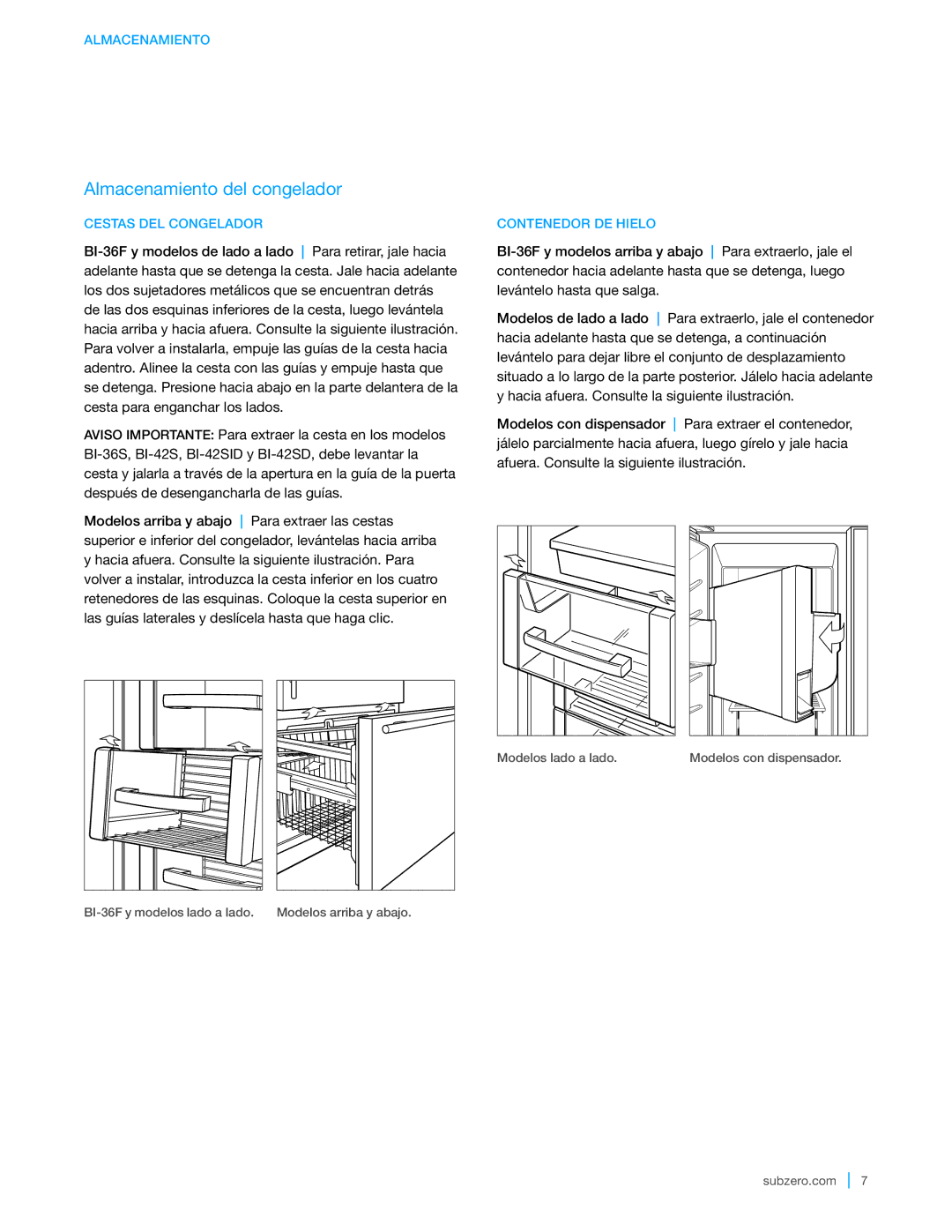 Sub-Zero BI-48SID, BI-42SID, BI-36UFD, BI-42SD Almacenamiento del congelador, Cestas DEL Congelador, Contenedor DE Hielo 