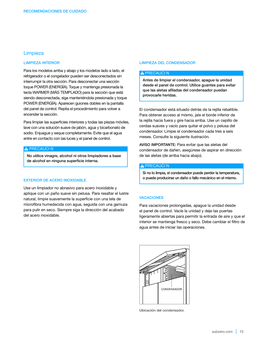 Sub-Zero BI-48SID, BI-42SID, BI-36UFD, BI-42SD, BI-30UG manual Limpieza 