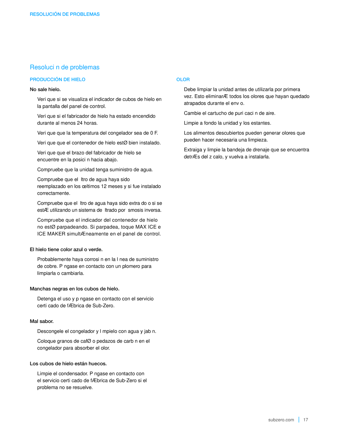 Sub-Zero BI-42SID, BI-48SID, BI-36UFD, BI-42SD, BI-30UG manual Producción DE Hielo, Olor 