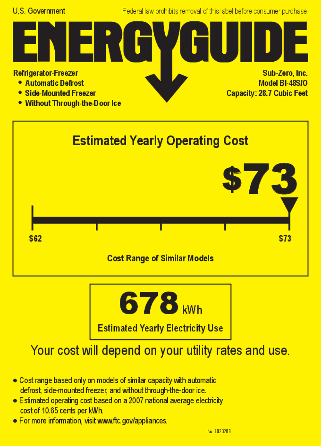 Sub-Zero BI-48S/O manual $73, 678kWh 