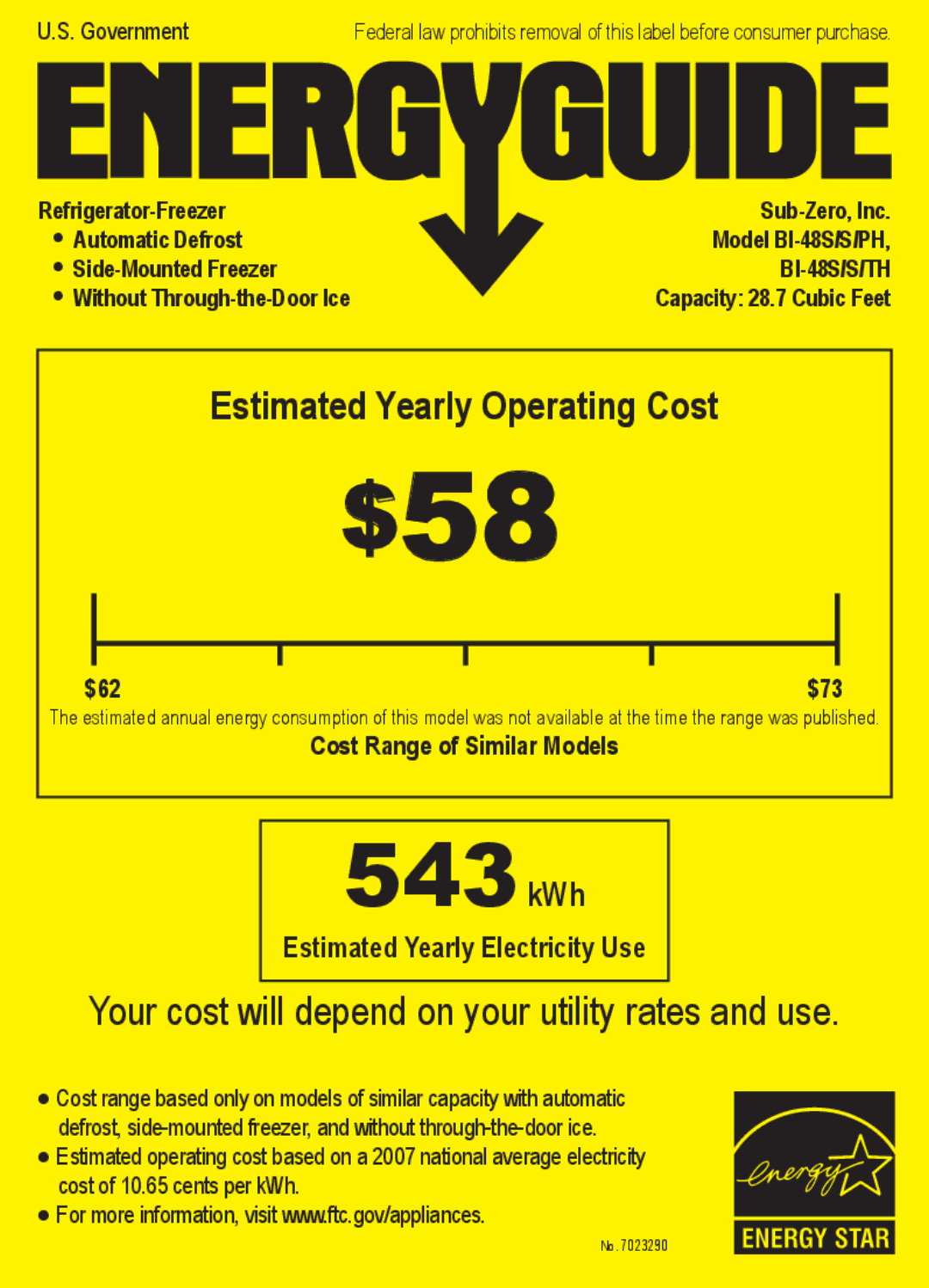 Sub-Zero BI-48S/O manual $58, 543kWh, Cost Range of Similar Models 