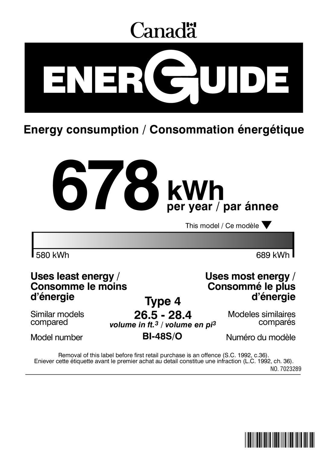 Sub-Zero BI-48S/O manual 678kWh, Energy consumption / Consommation énergétique, per year / par ánnee, 26.5, Type, d’énergie 