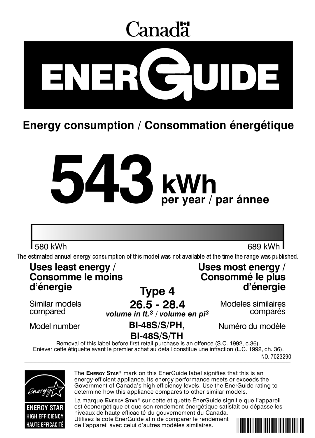 Sub-Zero BI-48S/O 543kWh, BI-48S/S/PH, BI-48S/S/TH, Energy consumption / Consommation énergétique, per year / par ánnee 
