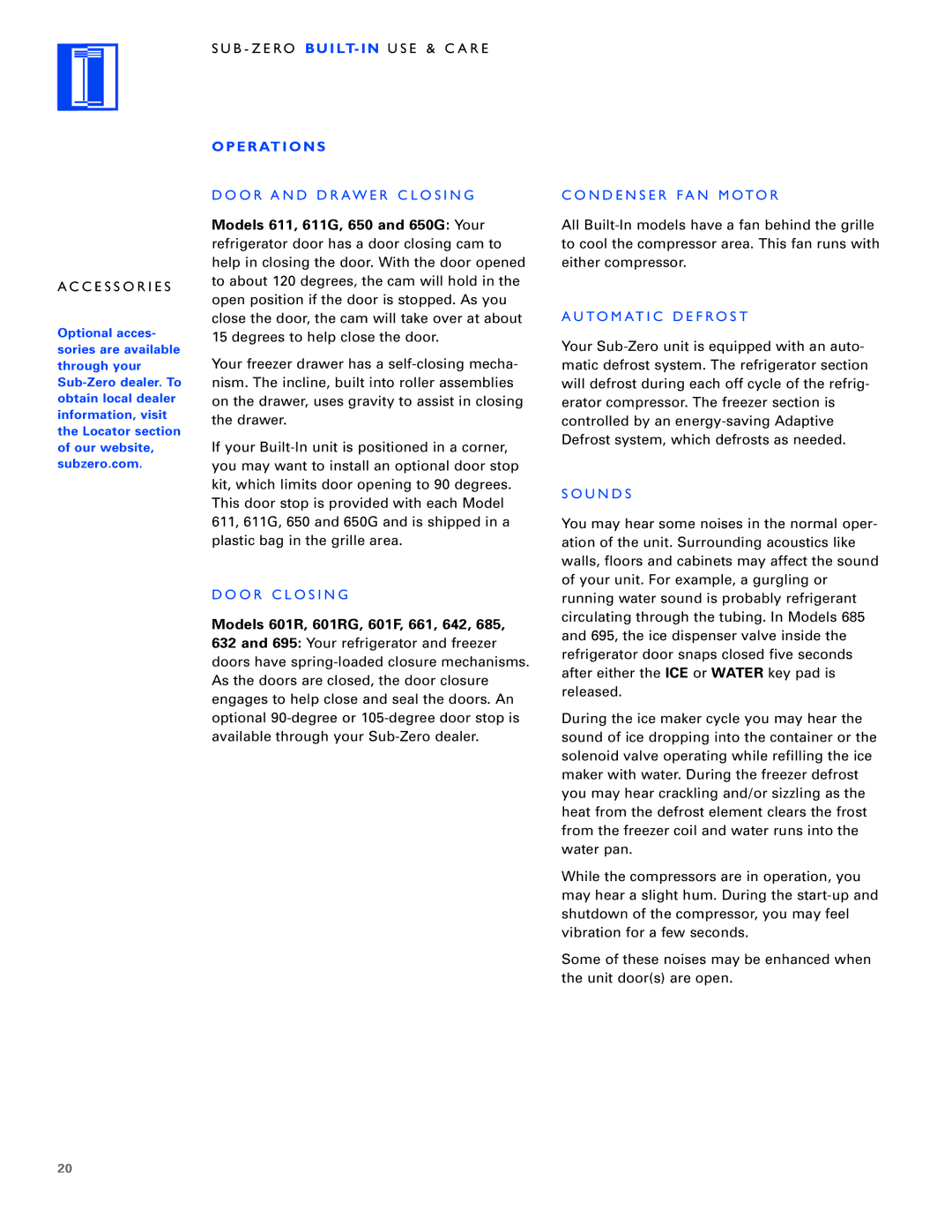 Sub-Zero Built-In Refrigeration manual Operations, Models 601R, 601RG, 601F, 661, 642 