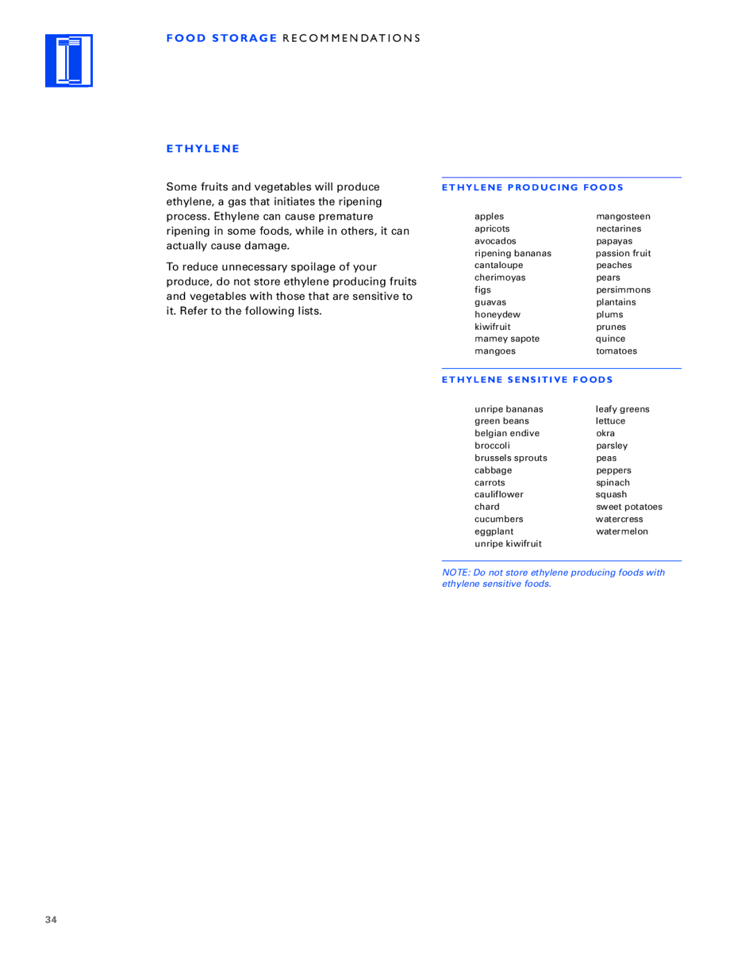 Sub-Zero Built-In Refrigeration manual H Y L E N E, Ethylene Producing Foods, Ethylene Sensitive Foods 