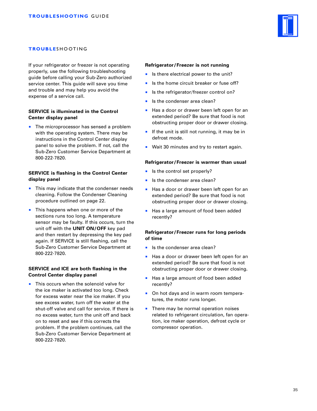 Sub-Zero Built-In Refrigeration manual Ro U B L E S H O Ot I N G G U I D E 