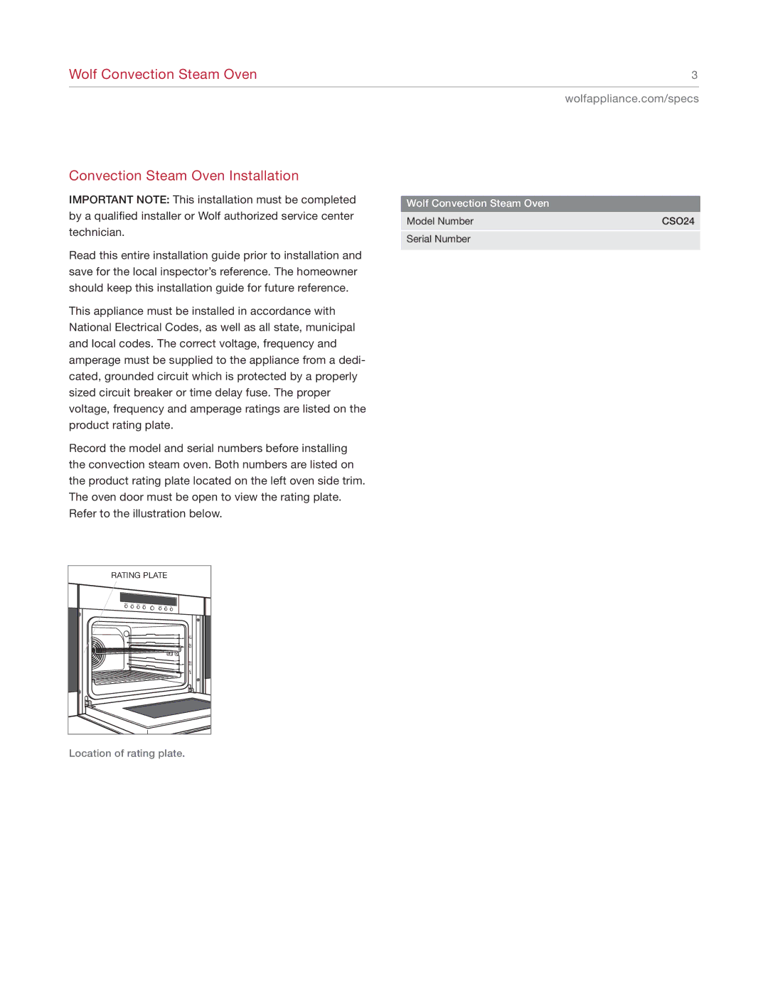 Sub-Zero CSO24 manual Model Number 