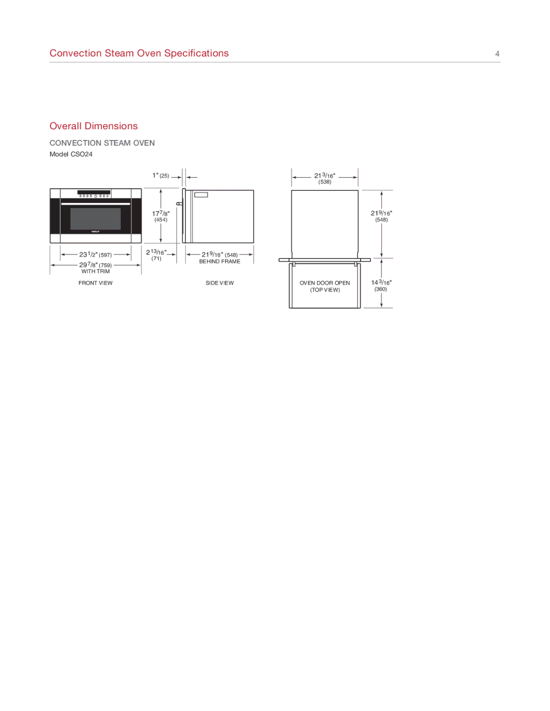 Sub-Zero CSO24 manual Convection Steam Oven Specifications Overall Dimensions 