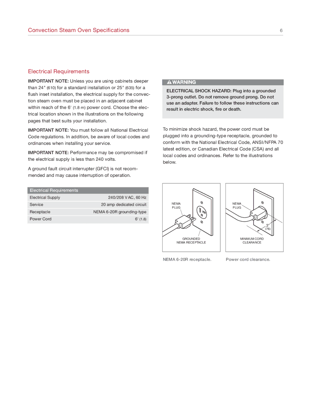 Sub-Zero CSO24 manual Convection Steam Oven Specifications Electrical Requirements 