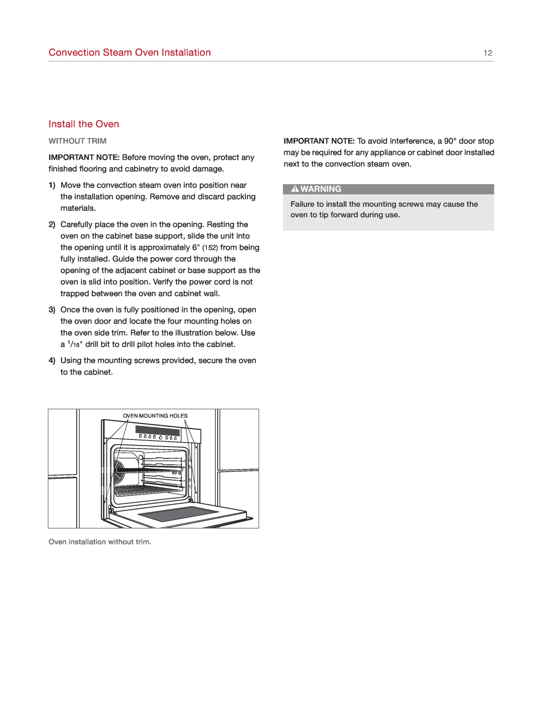 Sub-Zero CSO24 manual Install the Oven, Without Trim, Convection Steam Oven Installation 
