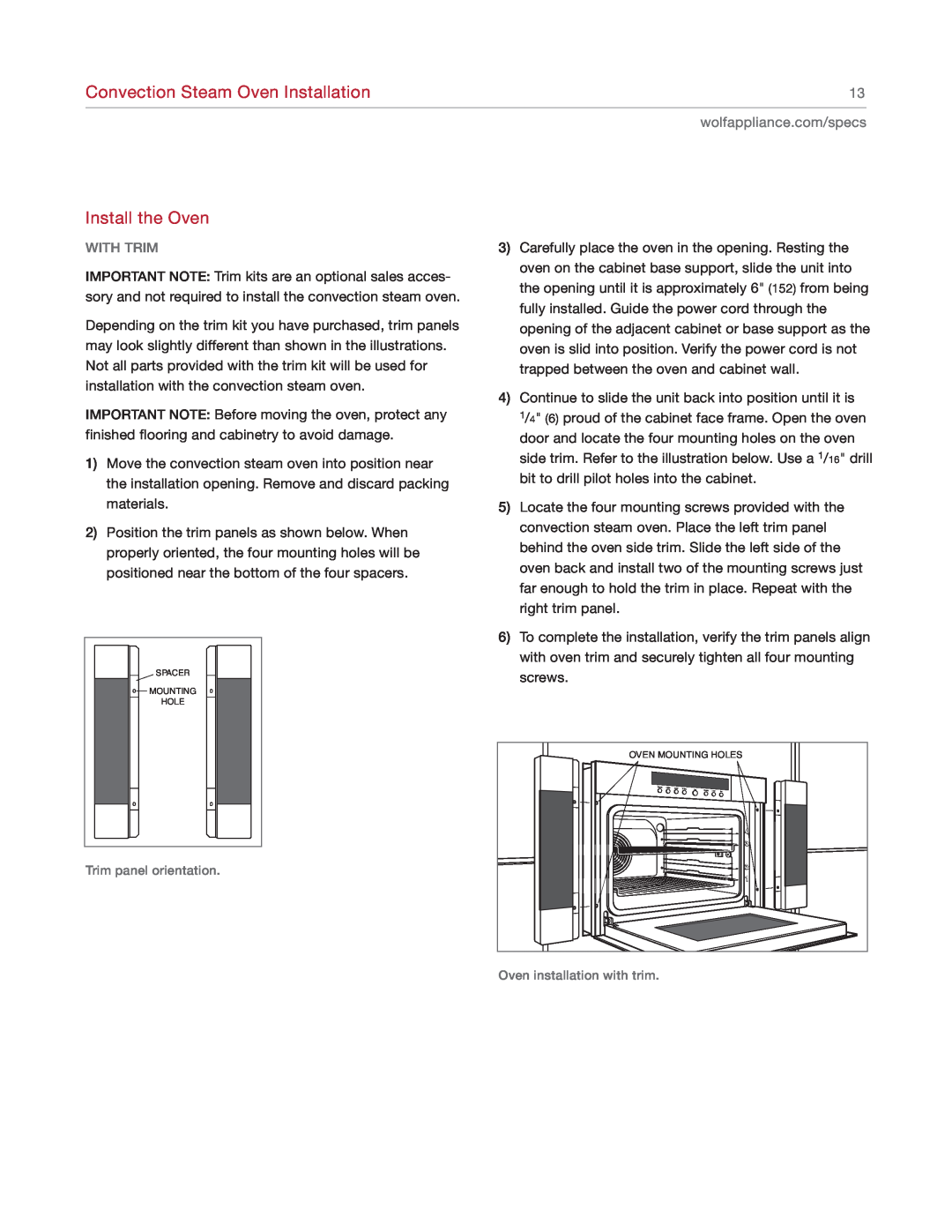 Sub-Zero CSO24 manual With Trim, Convection Steam Oven Installation, Install the Oven, Trim panel orientation 