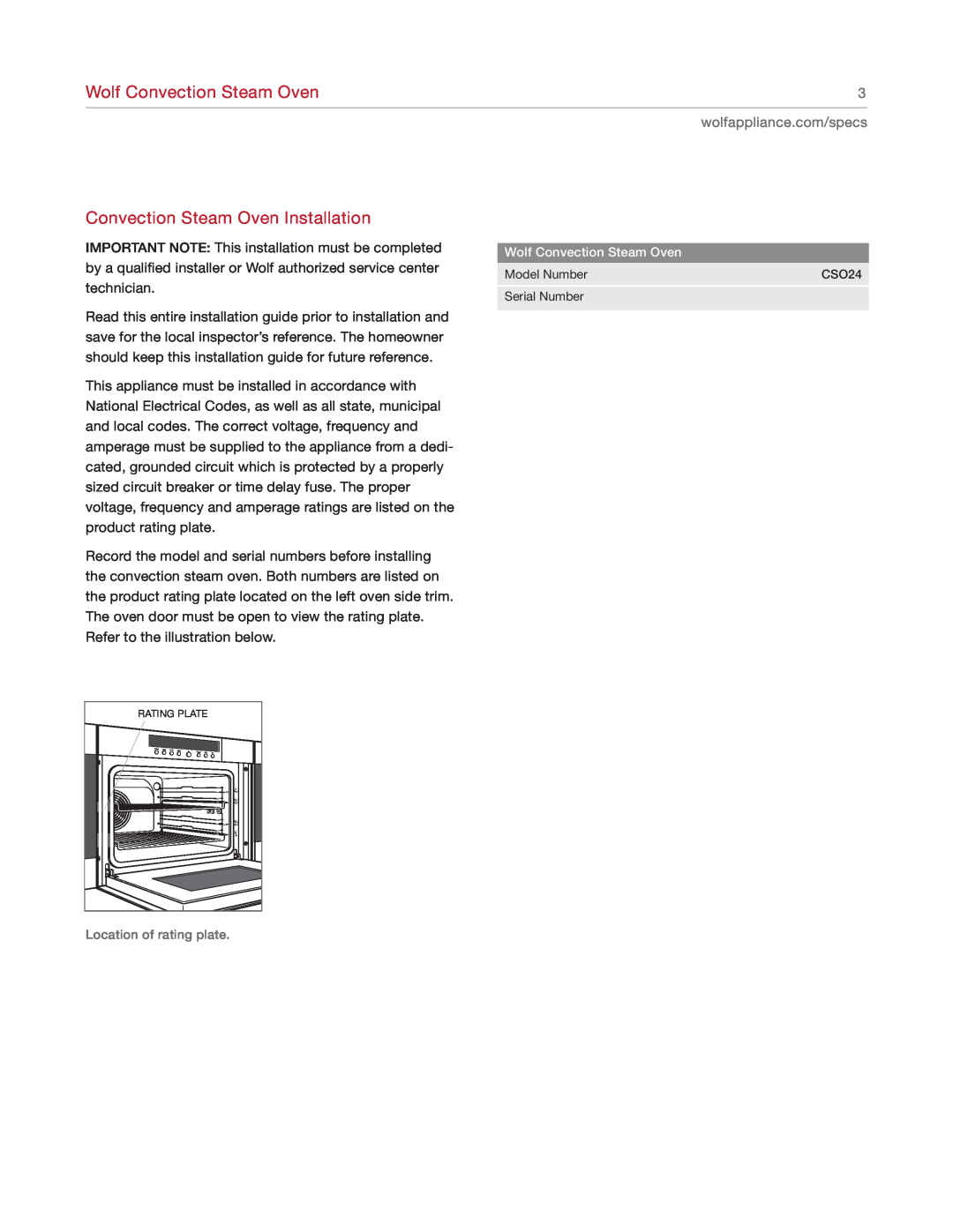 Sub-Zero CSO24 manual Wolf Convection Steam Oven, Convection Steam Oven Installation 