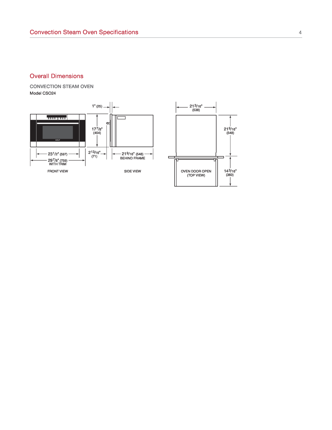 Sub-Zero manual Convection Steam Oven Specifications, Overall Dimensions, Model CSO24, 213/16, 17 7/8, 219/16, 143/16 