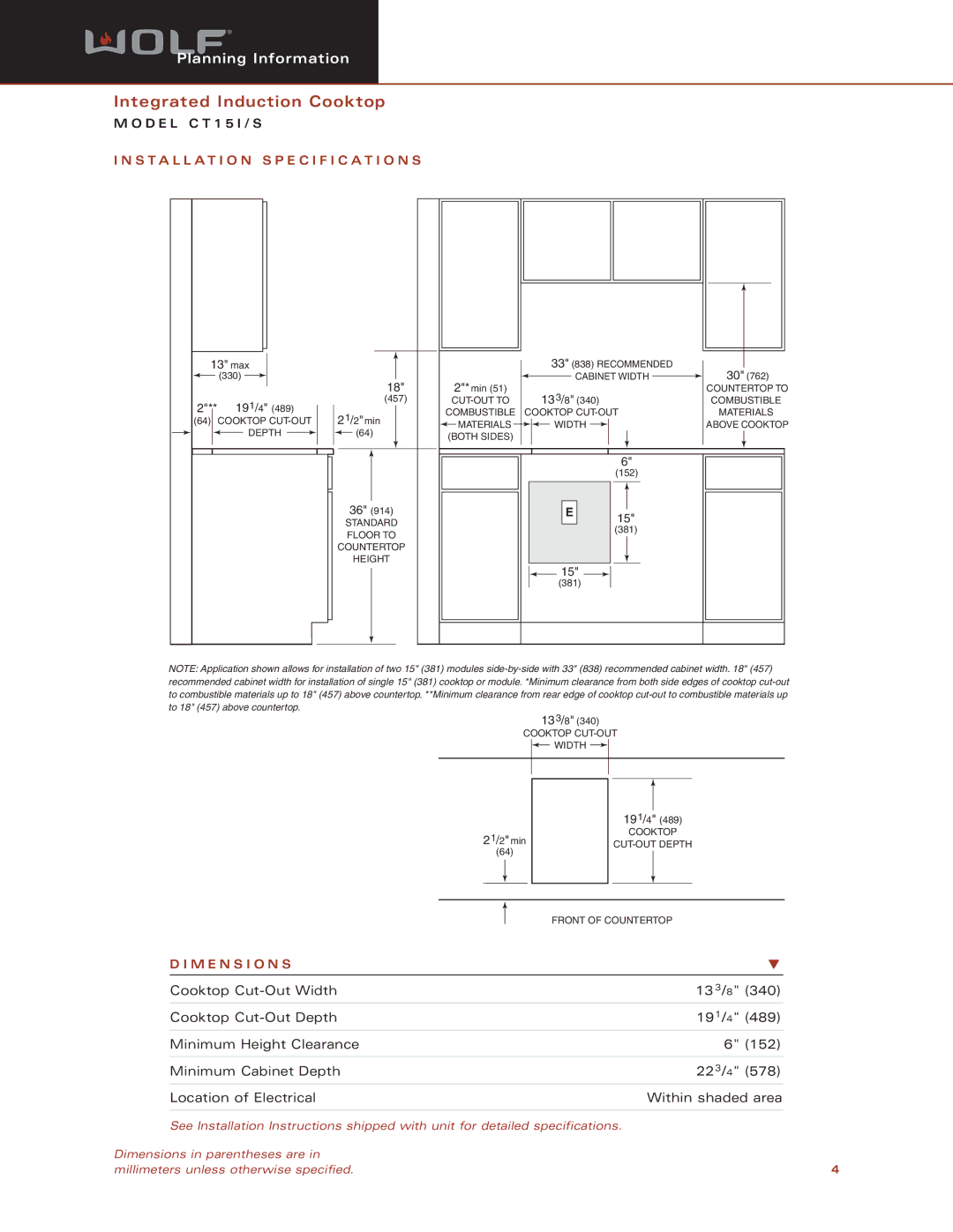 Sub-Zero CT15I/S dimensions Installation Specification S, M E N S I O N S 