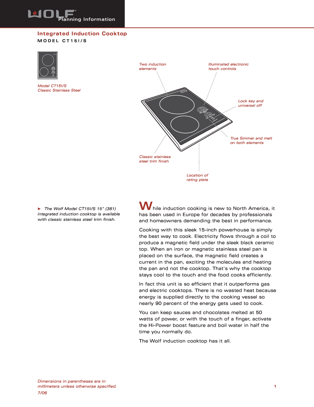 Sub-Zero CT15I/S dimensions Integrated Induction Cooktop, Planning Information 