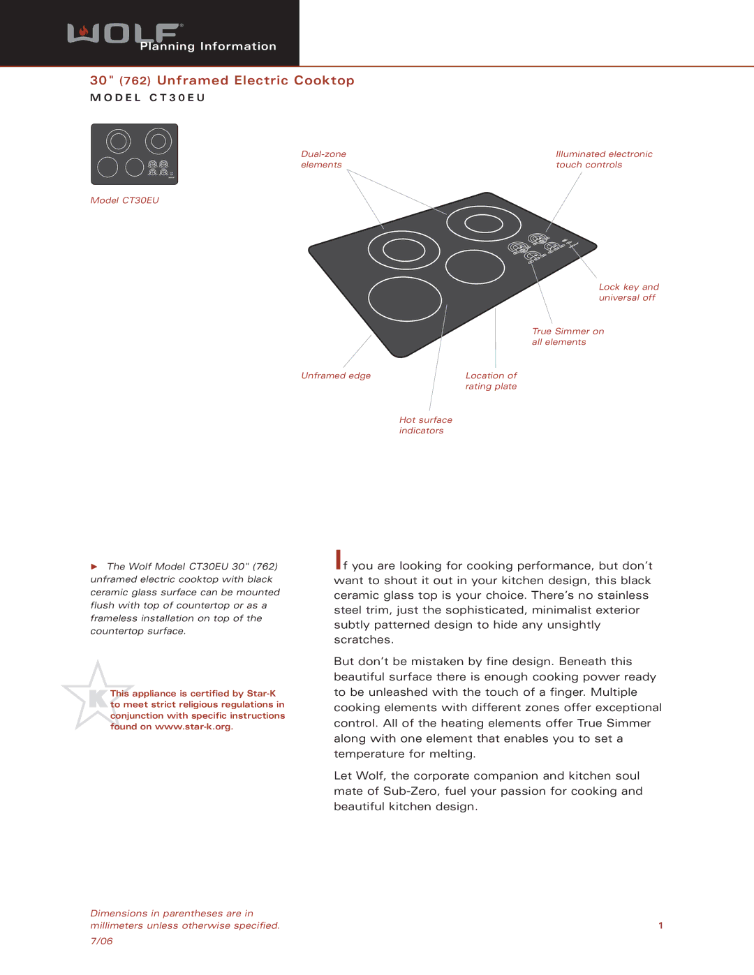 Sub-Zero CT30EU dimensions 30 762 Unframed Electric Cooktop 