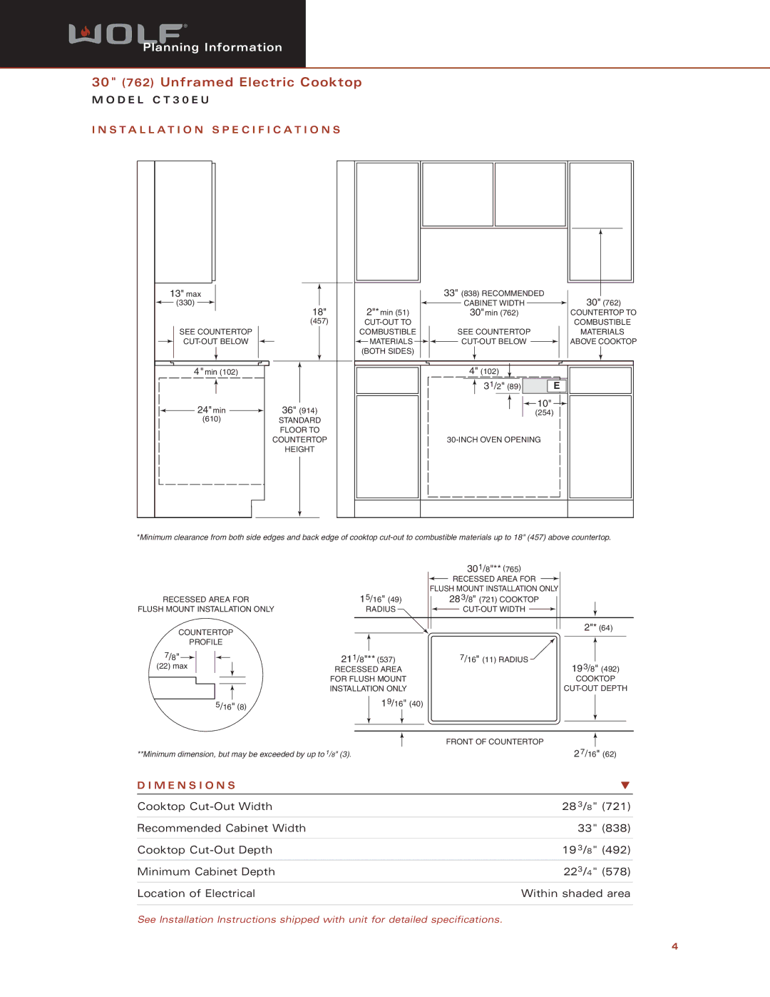 Sub-Zero CT30EU dimensions Installation Specification S, M E N S I O N S 