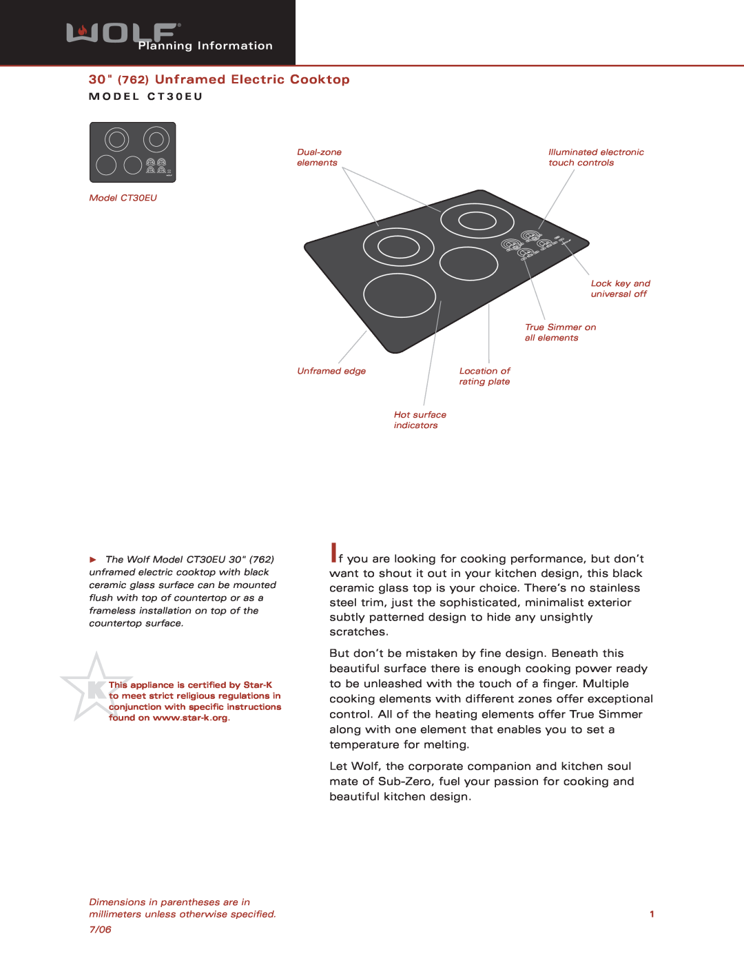 Sub-Zero CT30EU dimensions 30 762 Unframed Electric Cooktop, Planning Information 