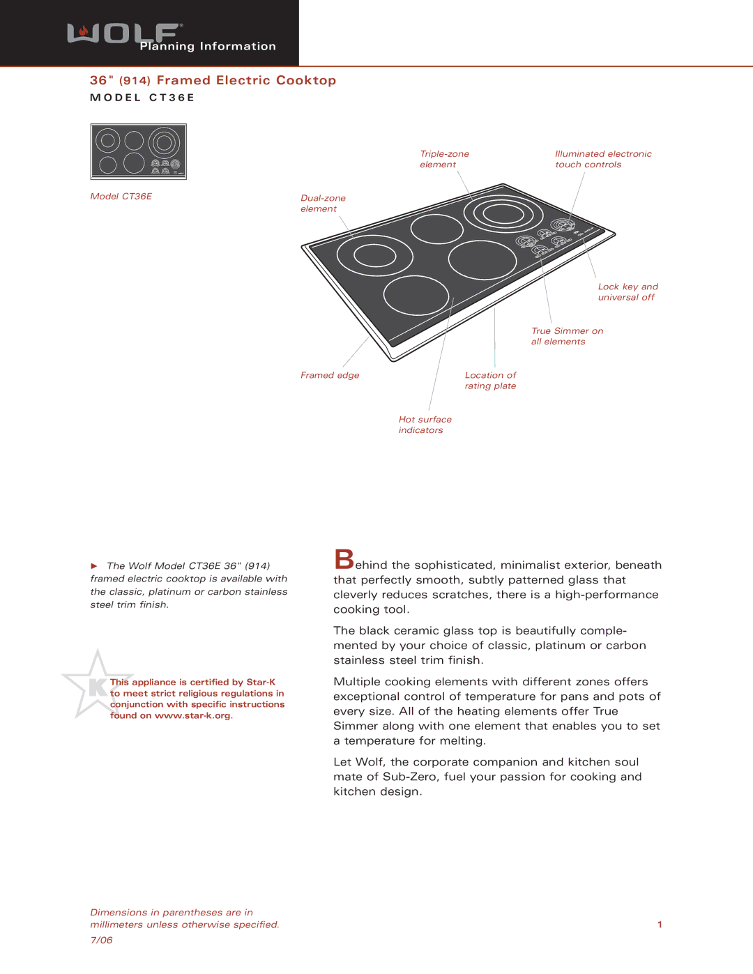 Sub-Zero CT36E dimensions 36 914 Framed Electric Cooktop 