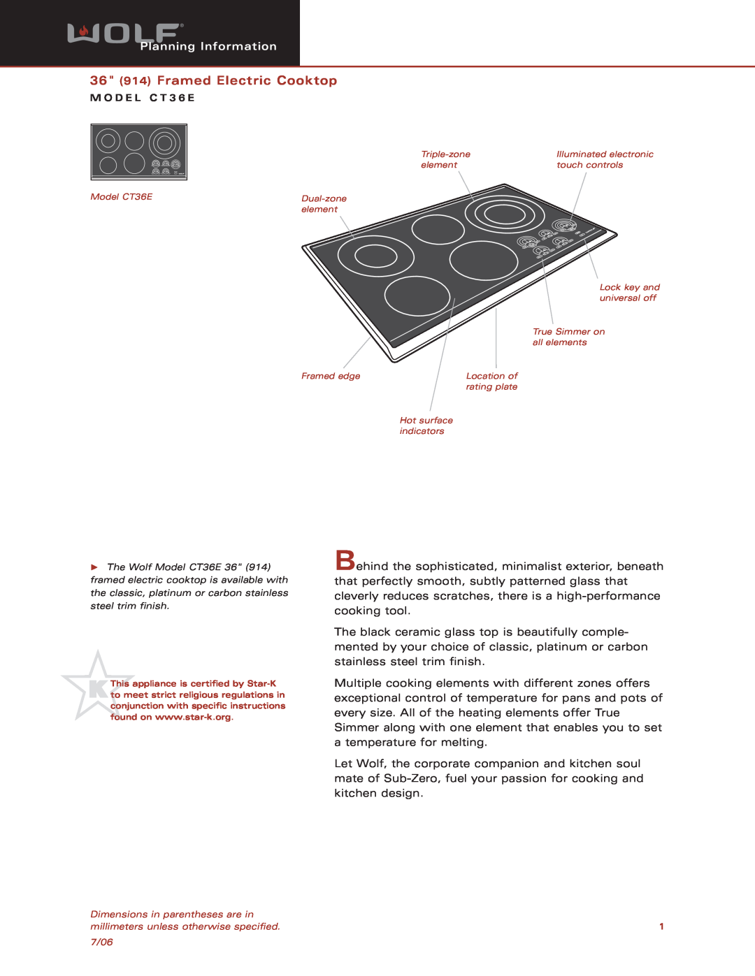 Sub-Zero CT36E dimensions 36 914 Framed Electric Cooktop, Planning Information 