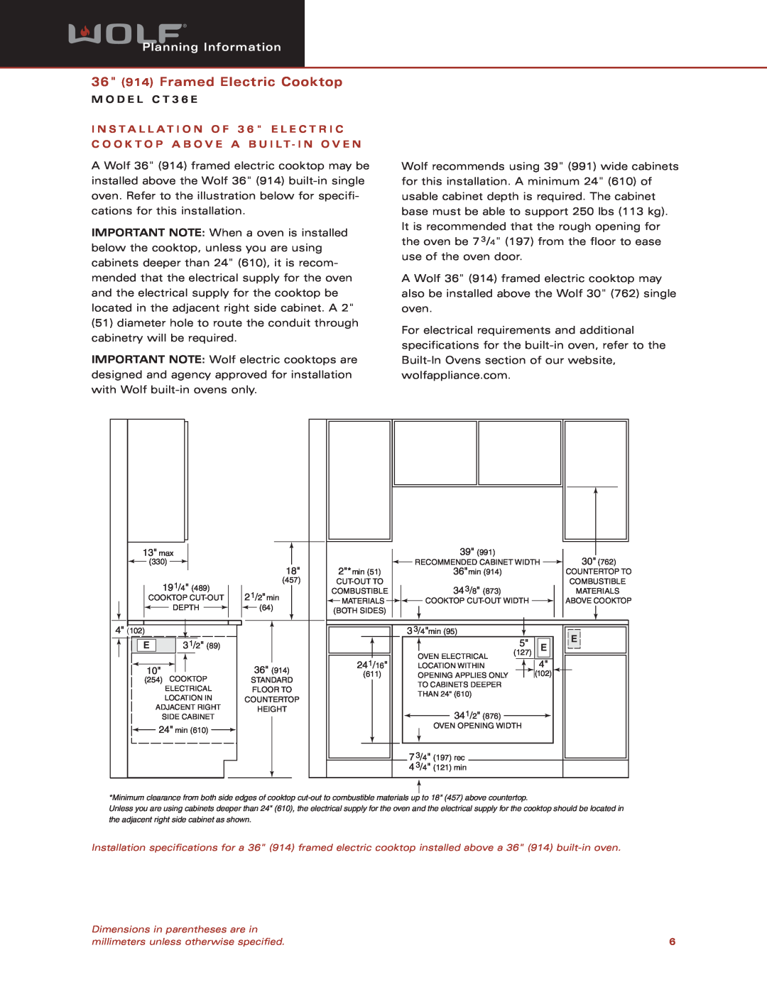 Sub-Zero CT36E dimensions 36 914 Framed Electric Cooktop, Planning Information, M O D E L C T 3 6 E 