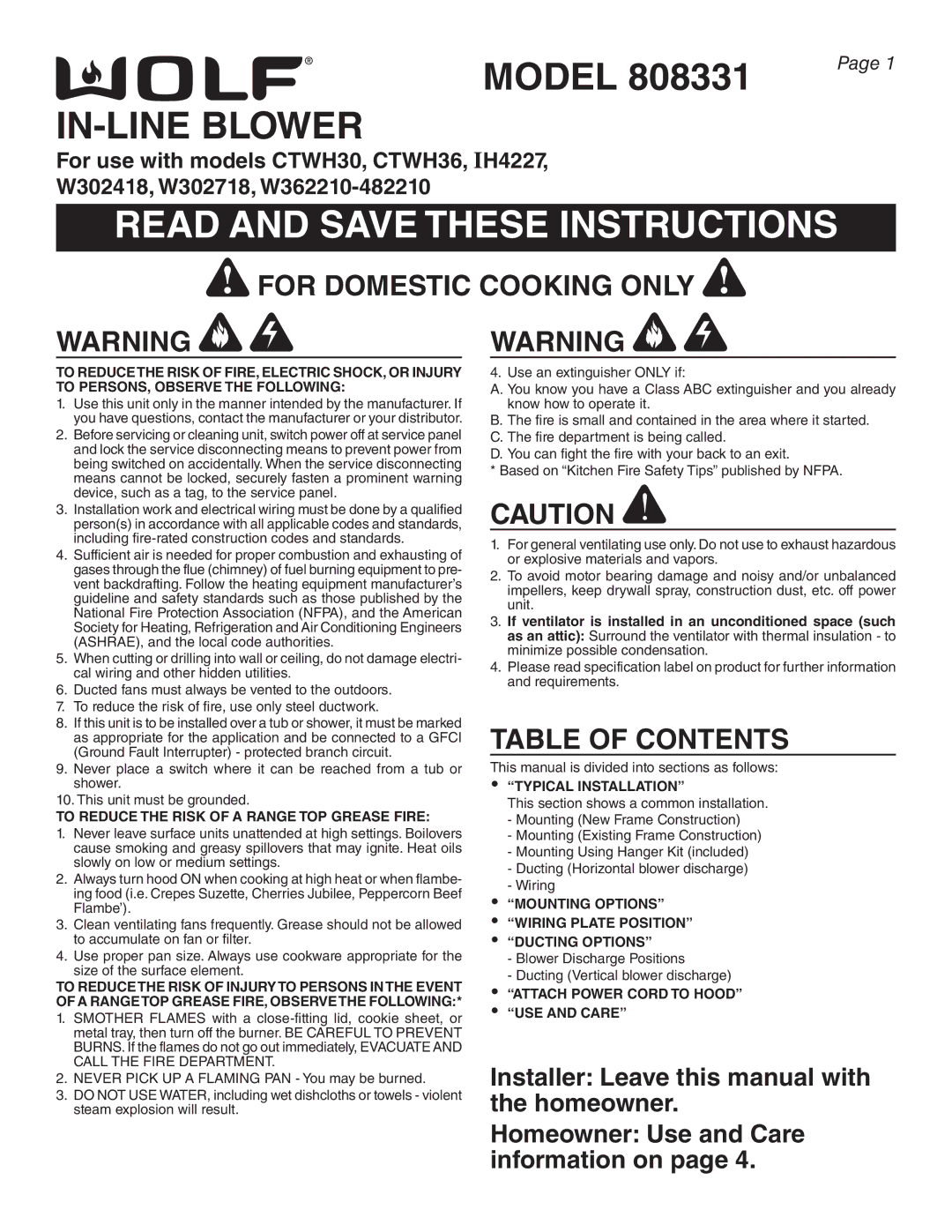 Sub-Zero IH4227, CTWH36, CTWH30, W302718, 808331, W302418, W362210-482210 manual For Domestic Cooking only, Table of Contents 