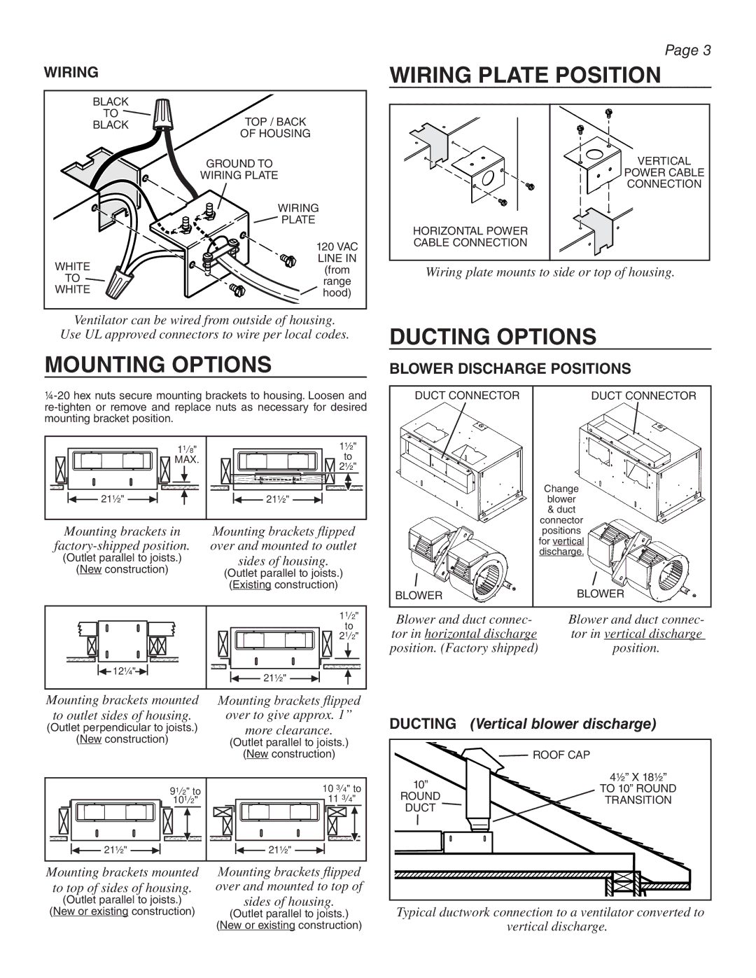 Sub-Zero W302718, CTWH36, IH4227 Mounting Options Wiring Plate Position, Ducting Options, Ducting Vertical blower discharge 