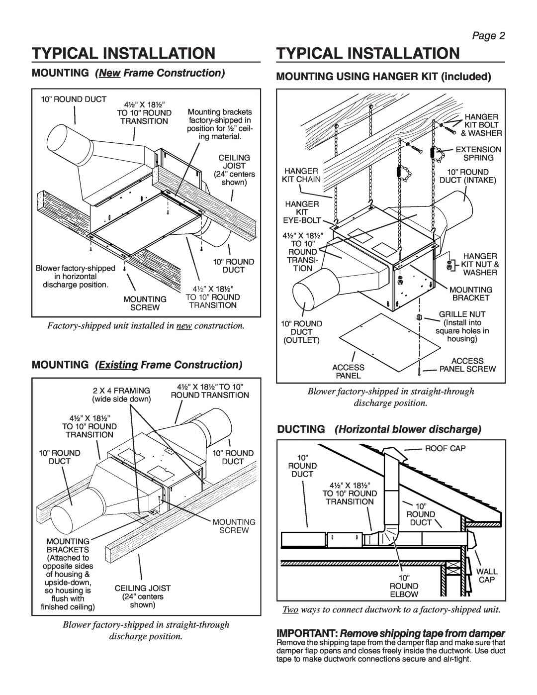 Sub-Zero CTWH30, CTWH36 Typical Installation, MOUNTING NewFrame Construction, MOUNTING ExistingFrame Construction, Page 