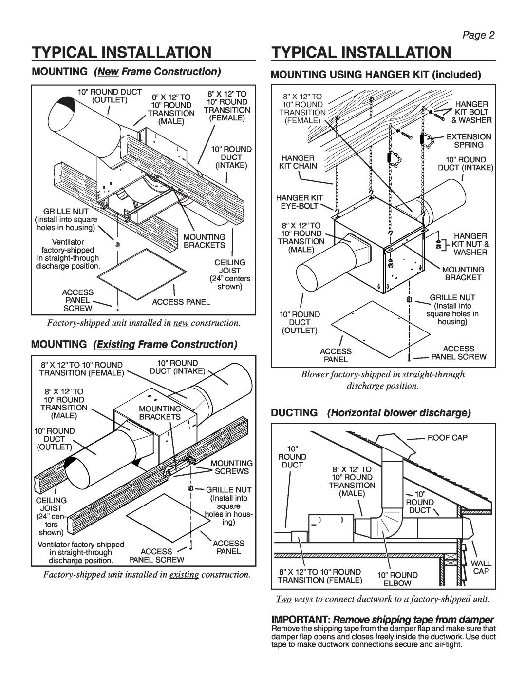 Sub-Zero W362210-482210 Typical Installation, Page, MOUNTING NewFrame Construction, MOUNTING ExistingFrame Construction 