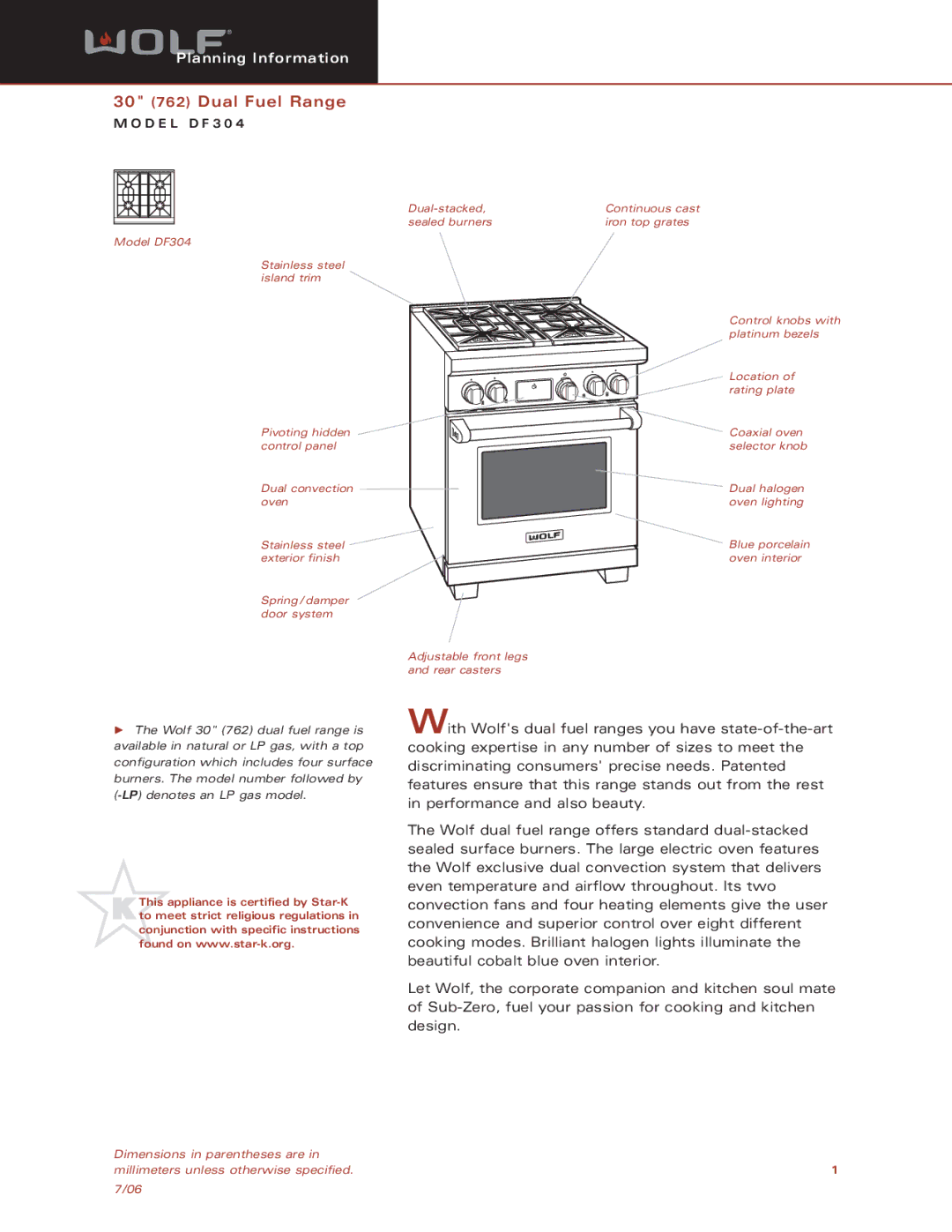 Sub-Zero DF304 dimensions 30 762 Dual Fuel Range 