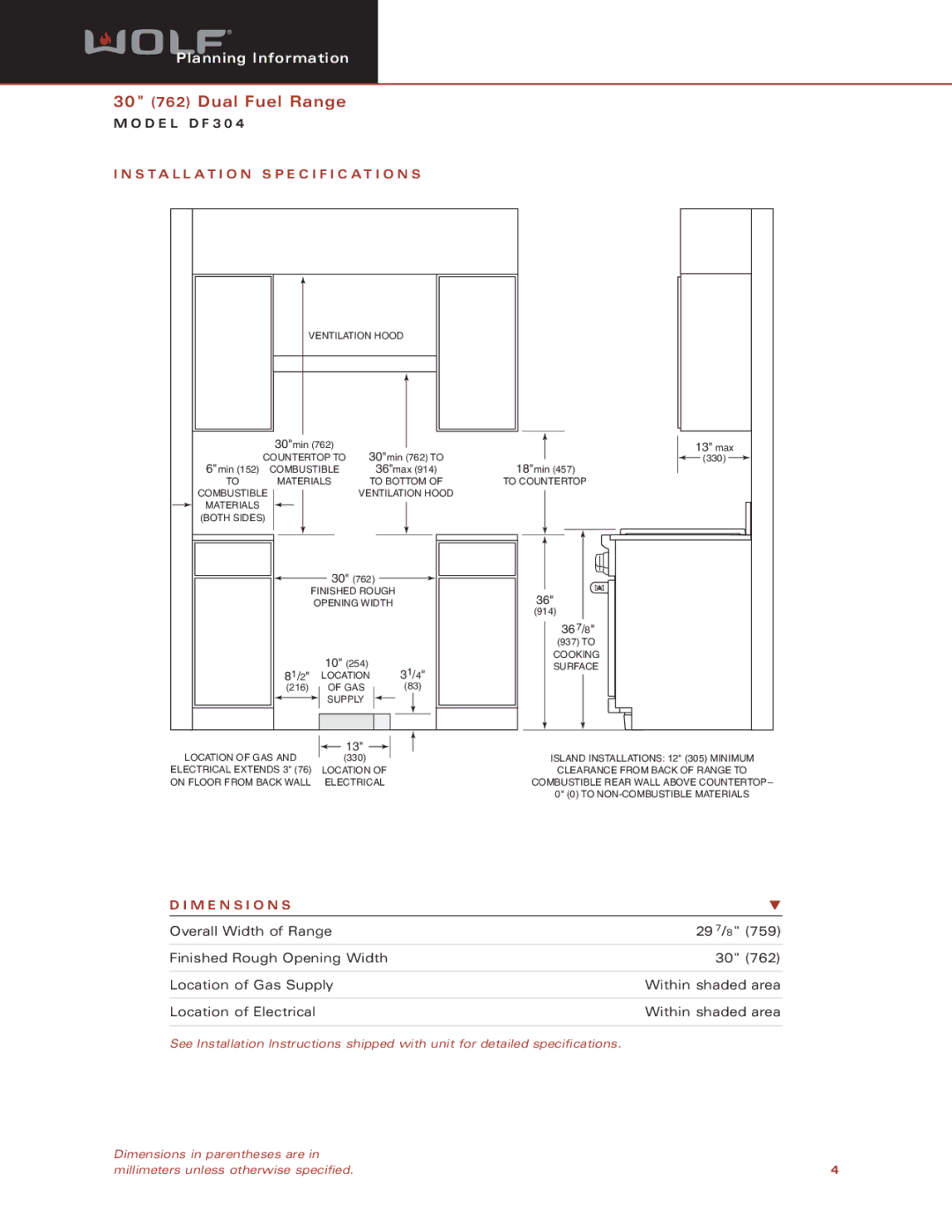 Sub-Zero DF304 dimensions Installation Specification S, M E N S I O N S 