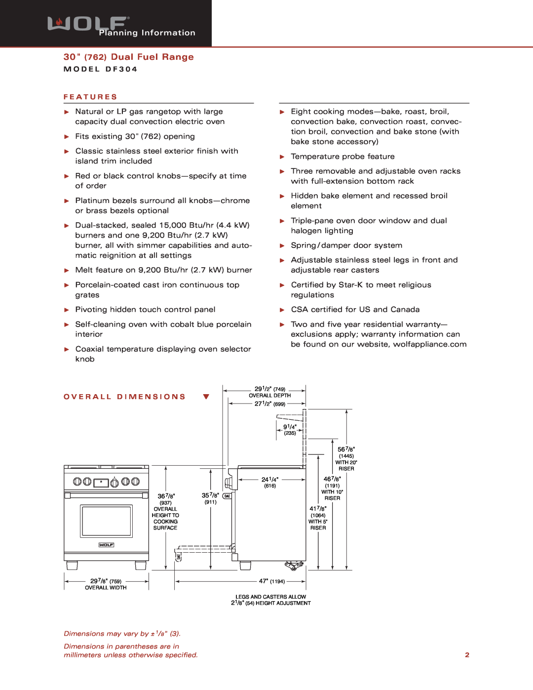 Sub-Zero DF304 dimensions 30 762 Dual Fuel Range, Planning Information, M O D E L D F 3, F E A T U R E S 