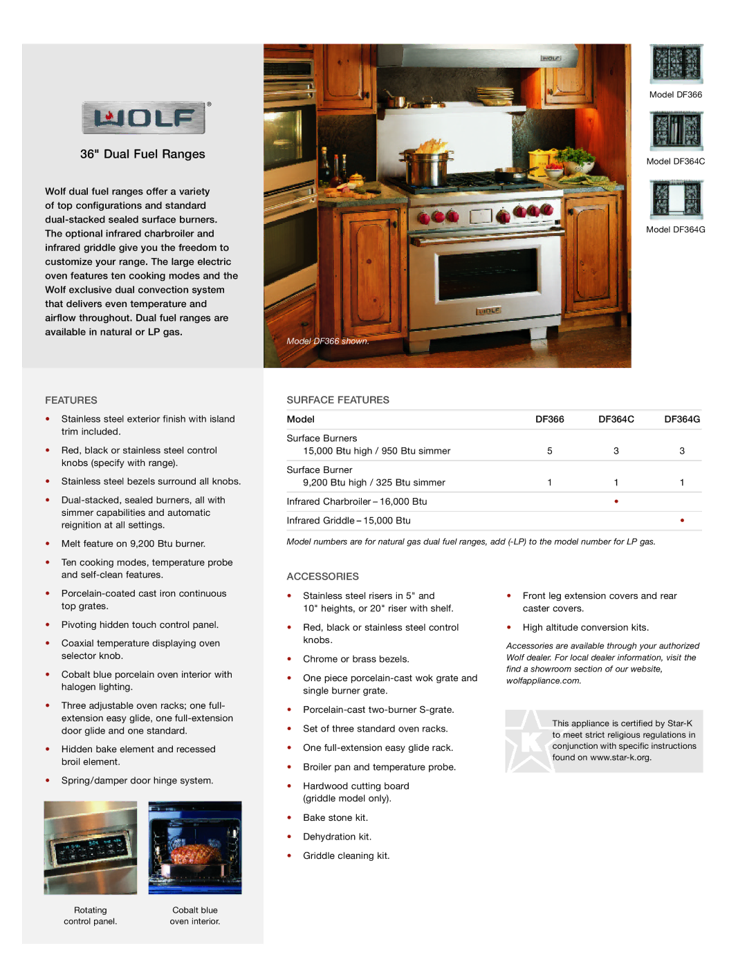 Sub-Zero DF366, DF364G, DF364C manual Dual Fuel Ranges, Surface Features, Accessories 