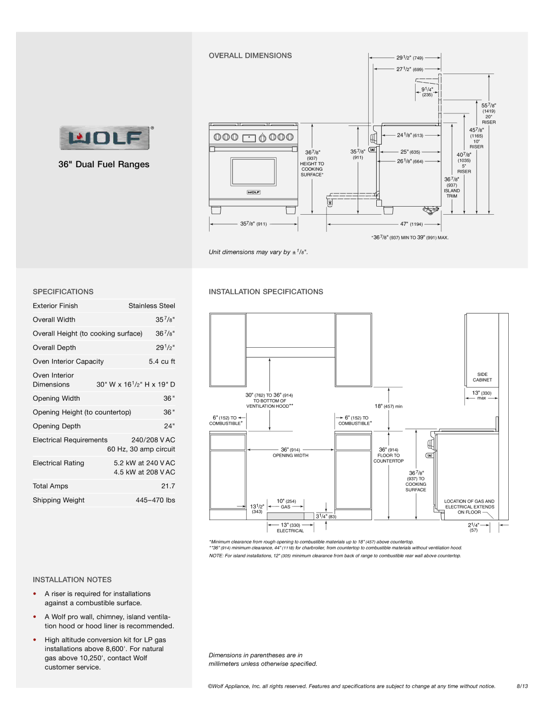 Sub-Zero DF364C, DF364G, DF366 manual Overall Dimensions, Specifications Installation Specifications, Installation Notes 