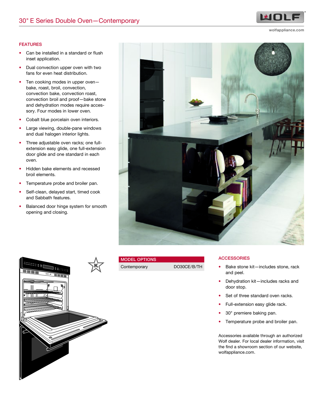 Sub-Zero DO30CE/B/TH manual E Series Double Oven-Contemporary, Features, Accessories, Model Options 