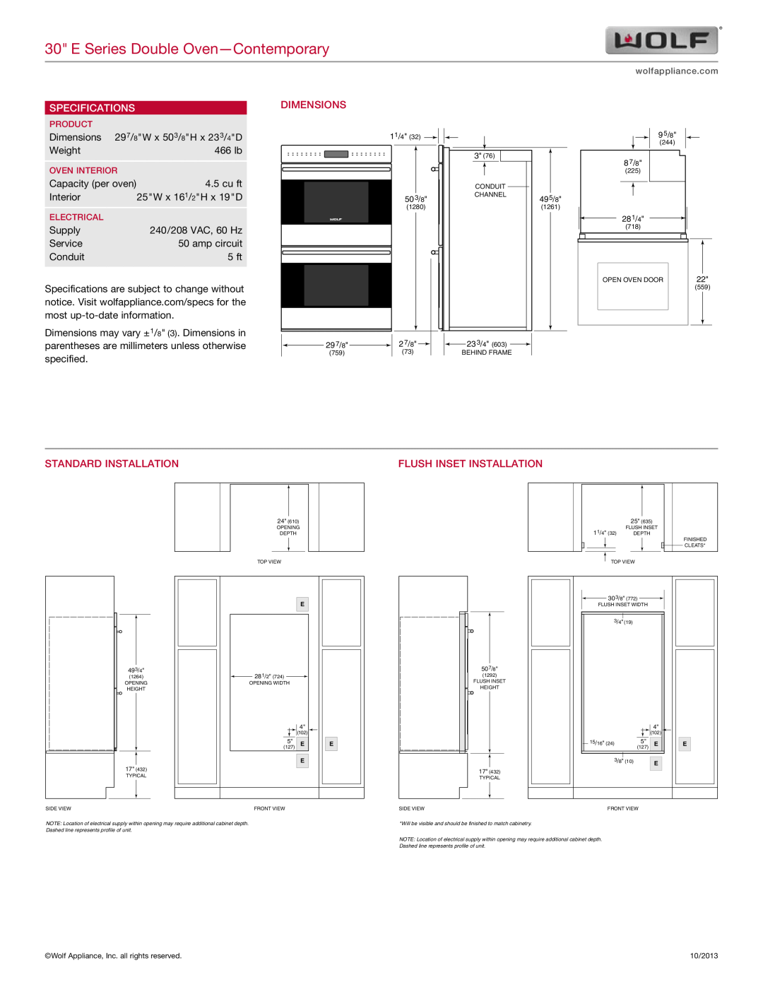 Sub-Zero DO30CE/B/TH manual Specifications, Dimensions, STANDARD Installation, FLUSH INSET Installation 