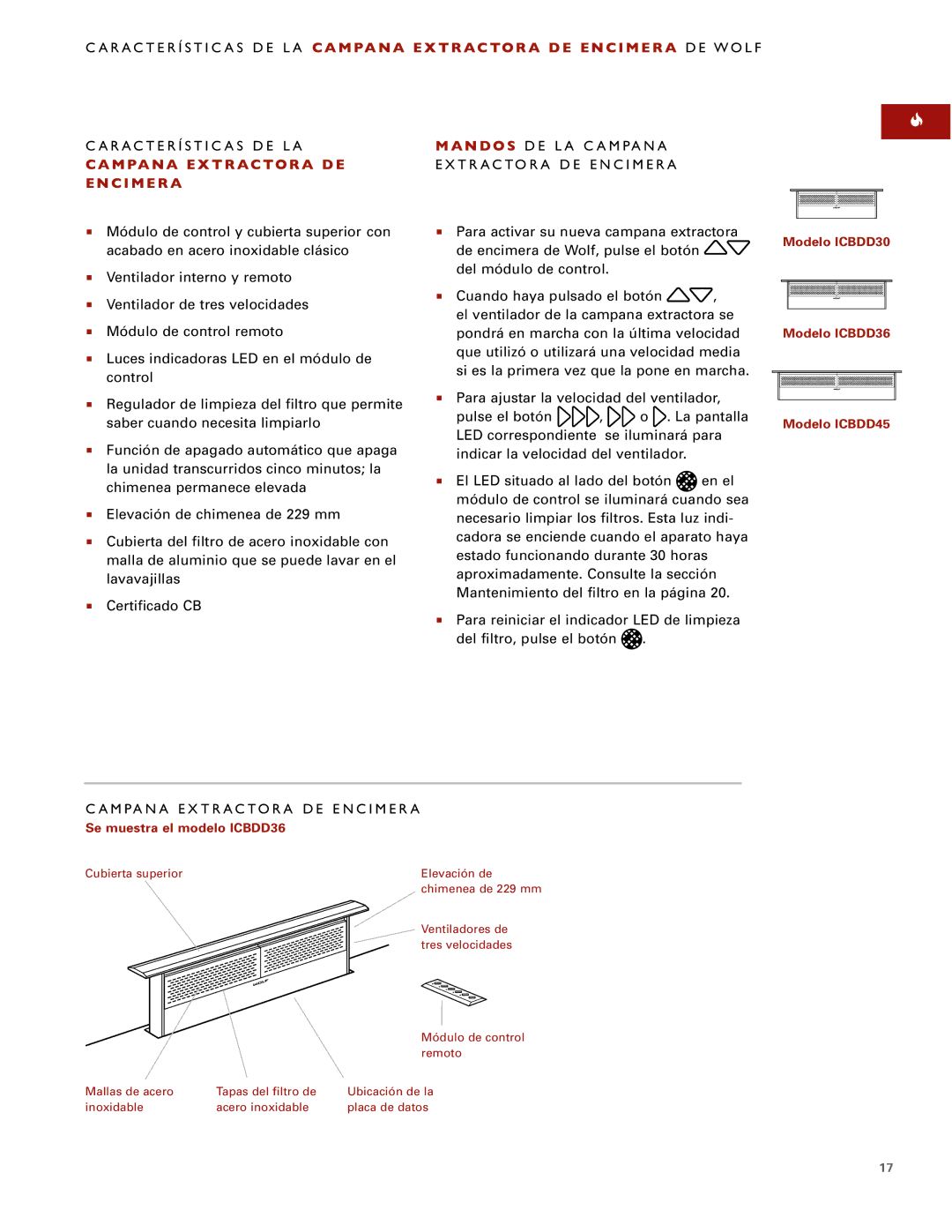 Sub-Zero Downdraft Ventilation manual Características DE LA Campana Extractora DE Encimera DE Wolf 