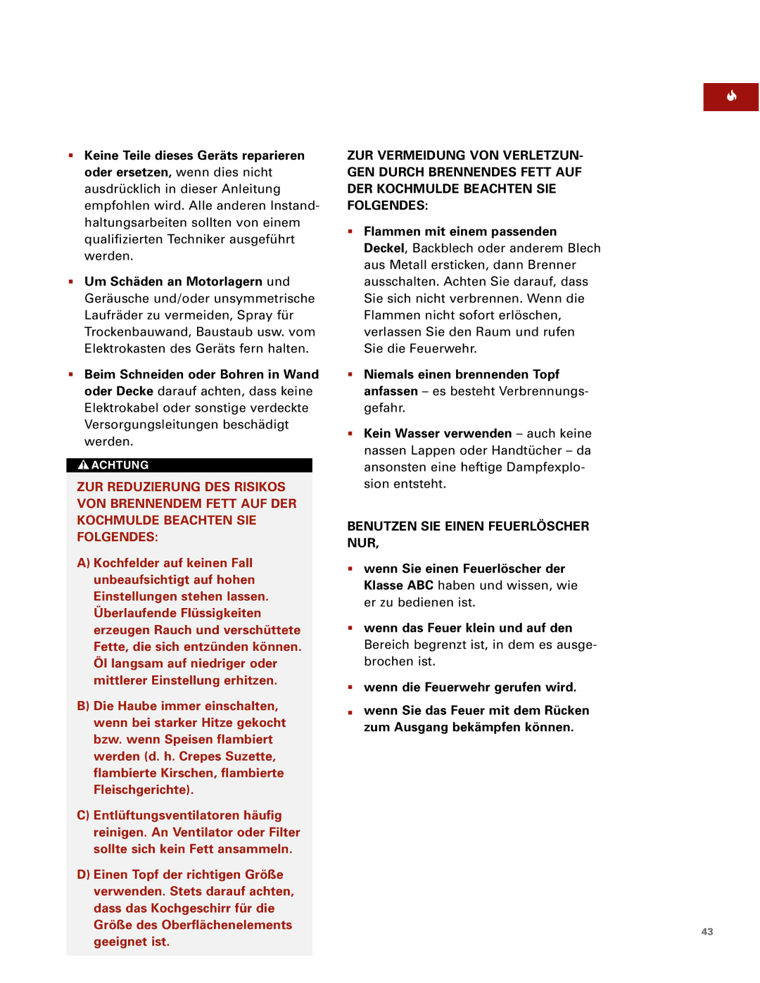 Sub-Zero Downdraft Ventilation manual Keine Teile dieses Geräts reparieren, Um Schäden an Motorlagern und 