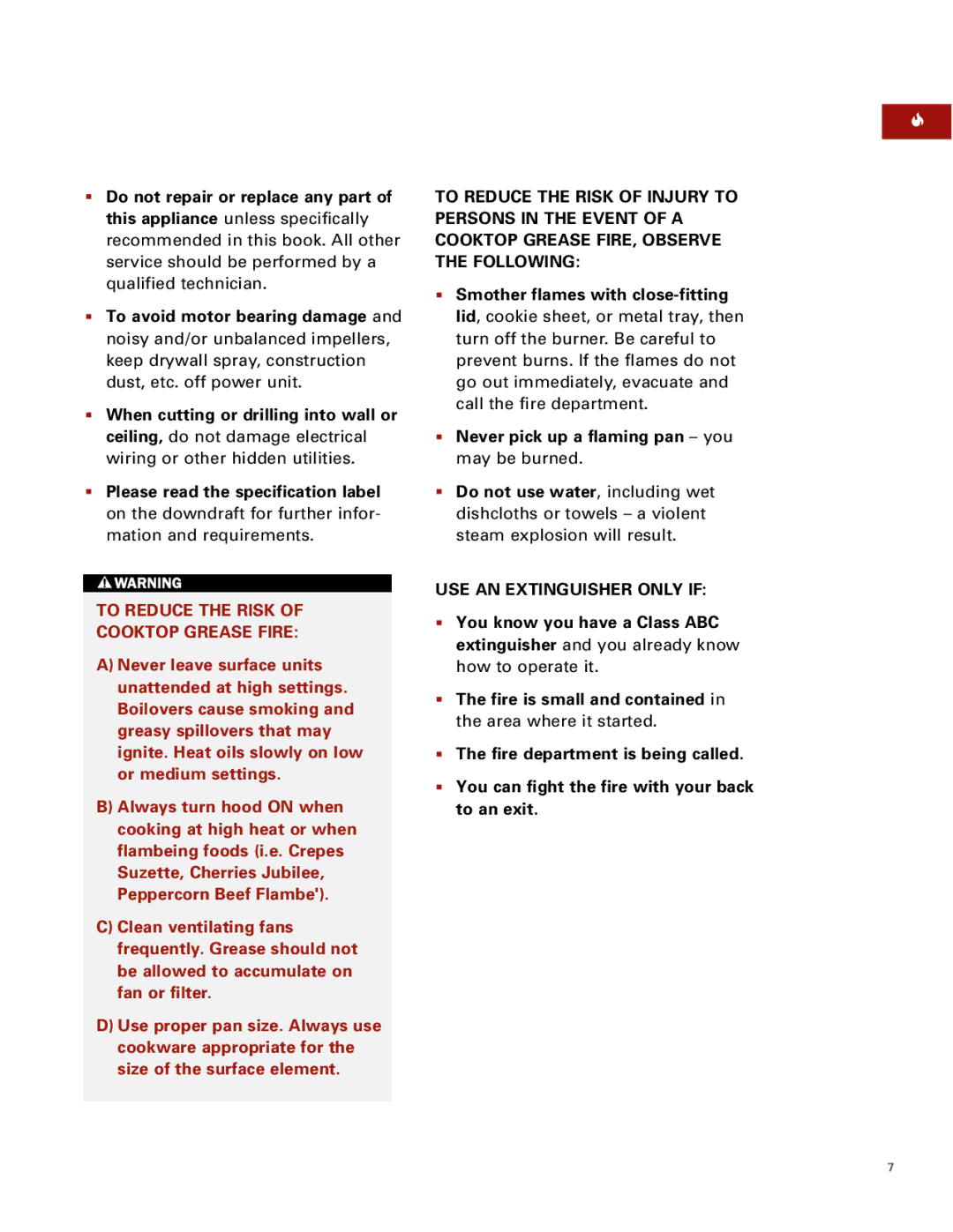 Sub-Zero Downdraft Ventilation manual Do not repair or replace any part, To avoid motor bearing damage 