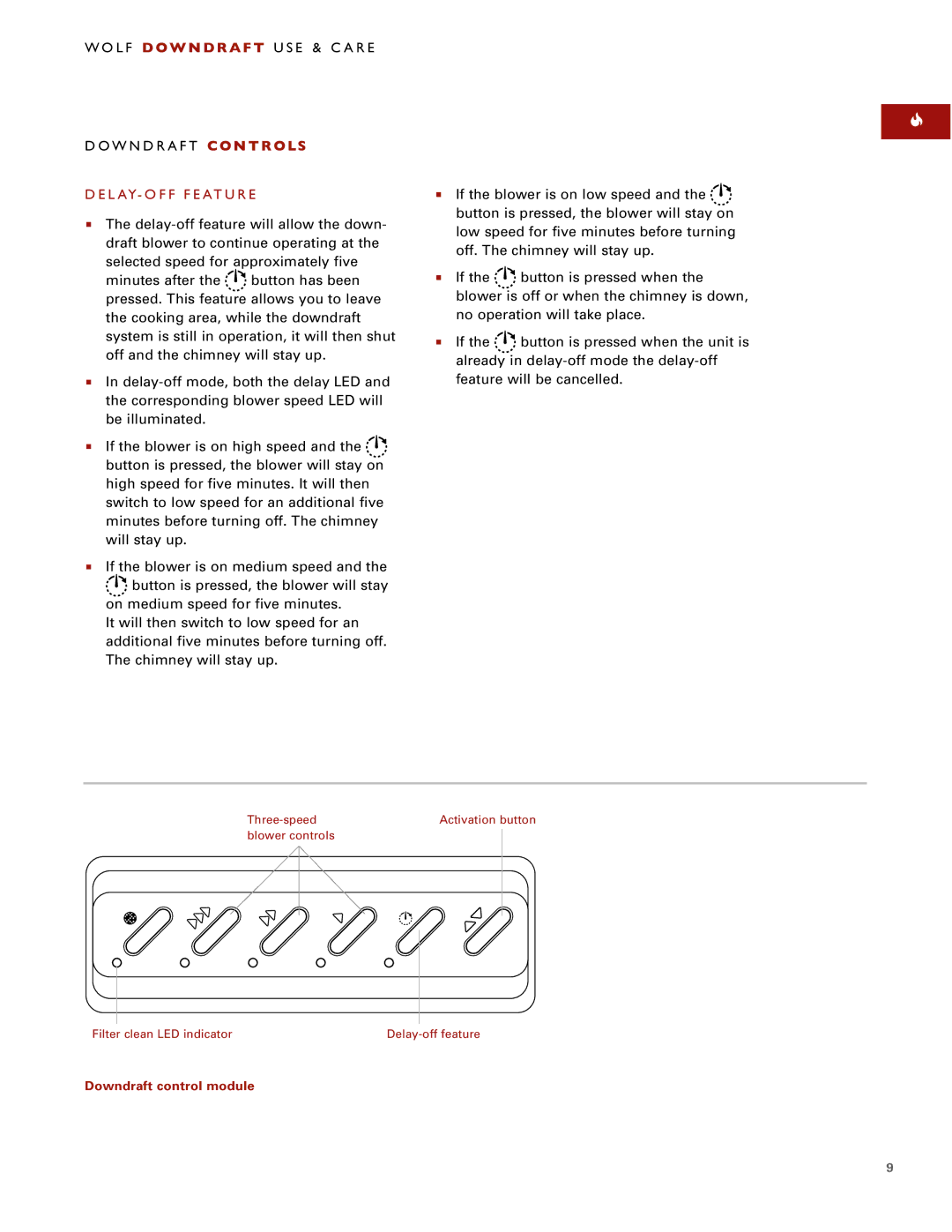 Sub-Zero Downdraft Ventilation manual Wolf D O W N D R a F T USE & Care Downdraft C O N T R O LS, DELAY- OFF Feature 