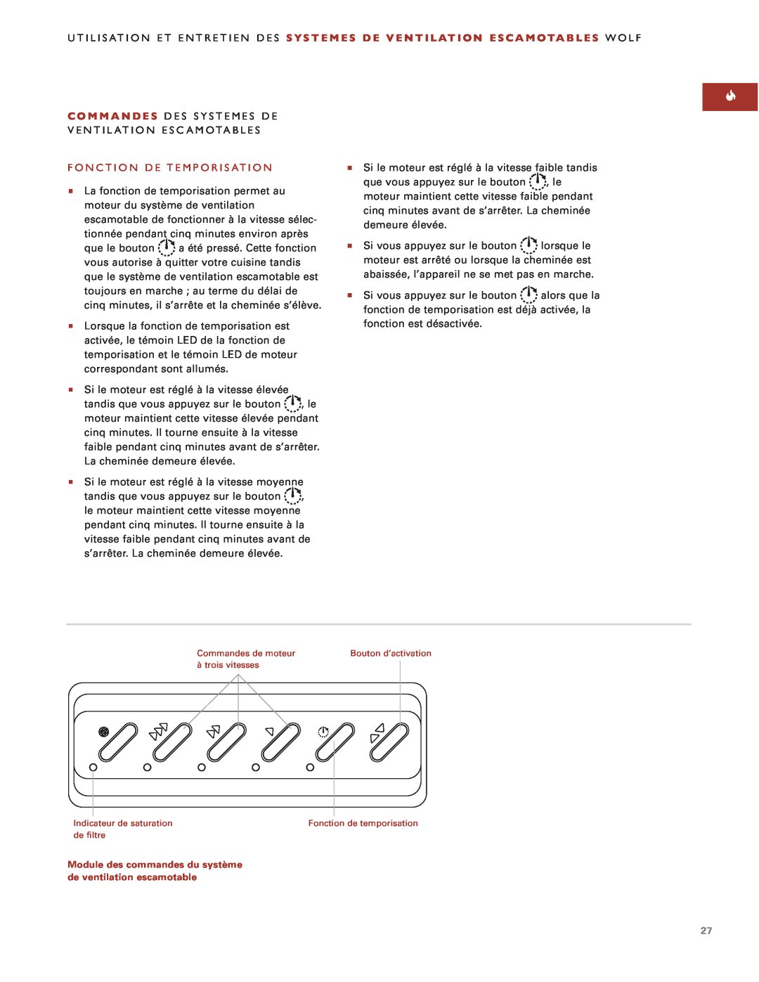 Sub-Zero Downdraft Ventilation manual Fonction De Temporisation, Module des commandes du système de ventilation escamotable 
