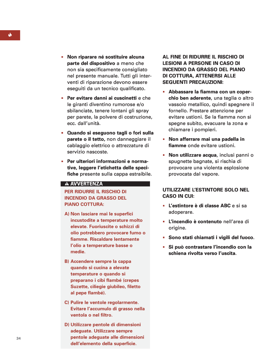Sub-Zero Downdraft Ventilation manual Per Ridurre Il Rischio Di Incendio Da Grasso Del Piano Cottura 